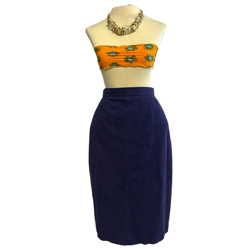 VTG Union 80s Blue Magna Suede Leather High Waisted Midi A Line Womens Skirt 10